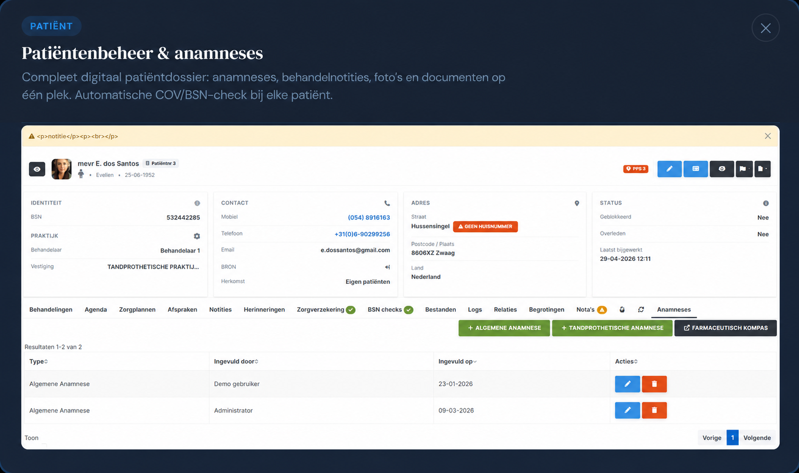 Dentasoft patiëntendossier en anamneses