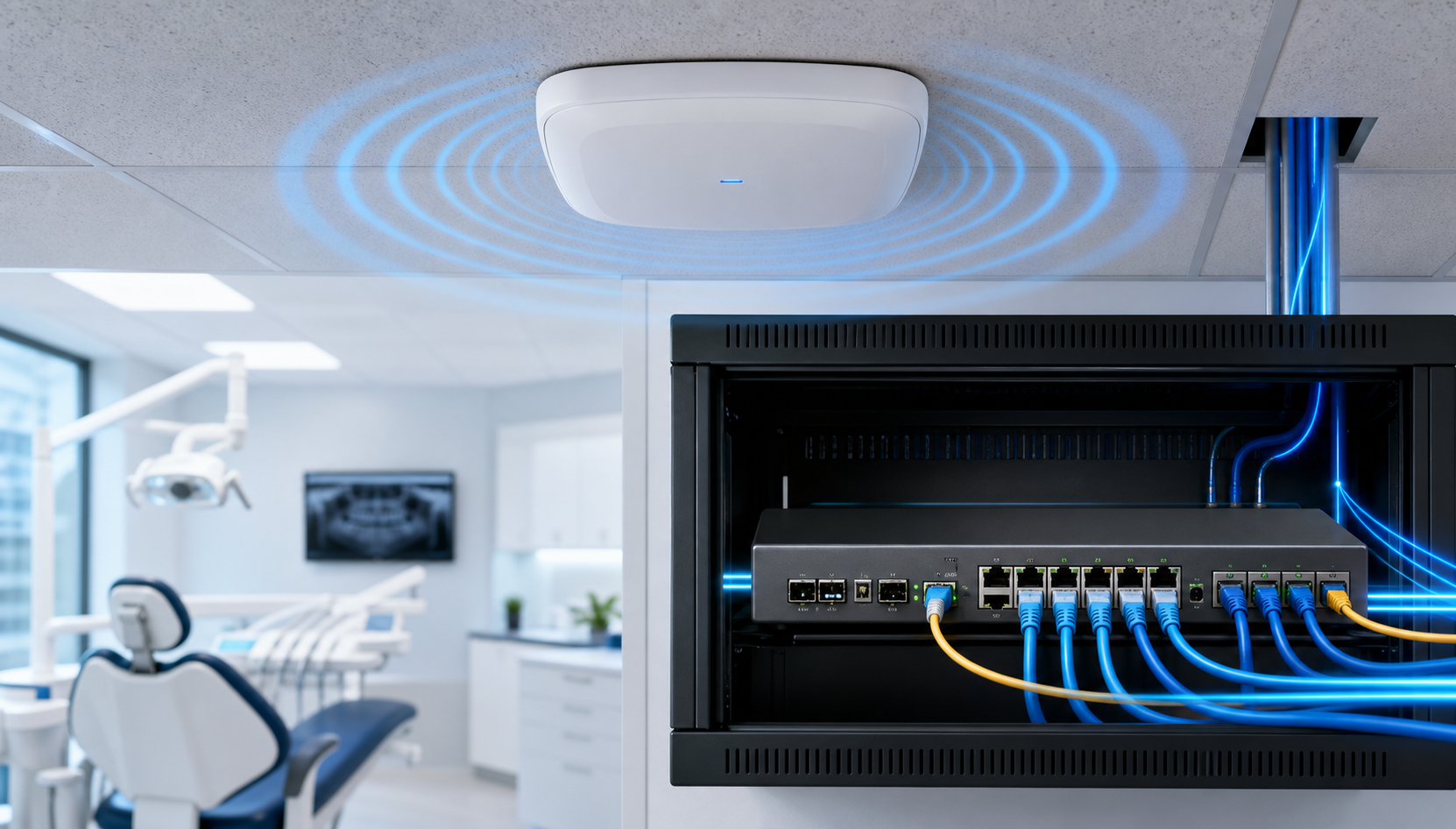 Moderne 10 Gb/s Wi-Fi- en netwerkinstallatie in een tandartspraktijk