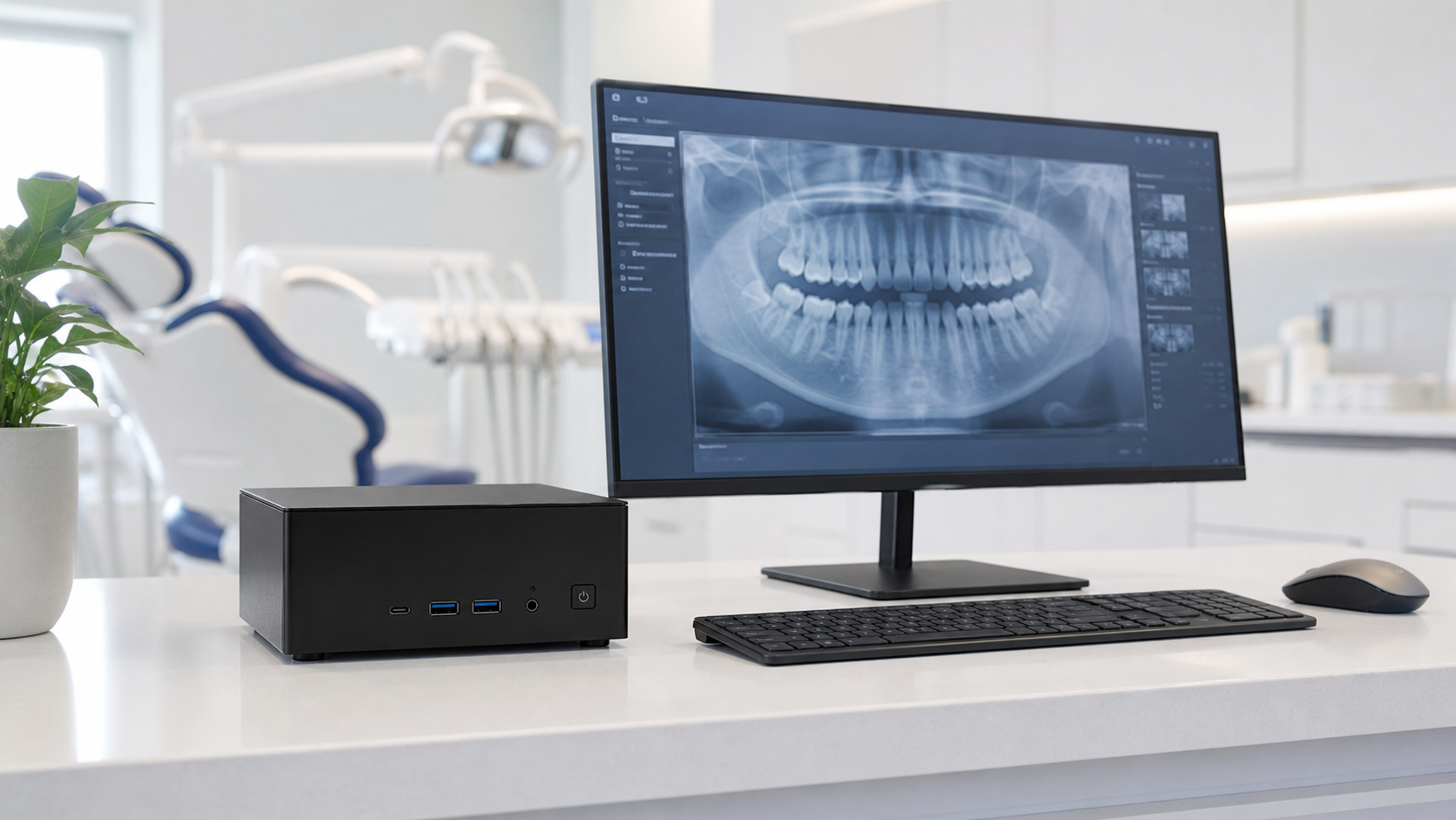 Compacte NUC mini-pc als werkstation in een tandartspraktijk